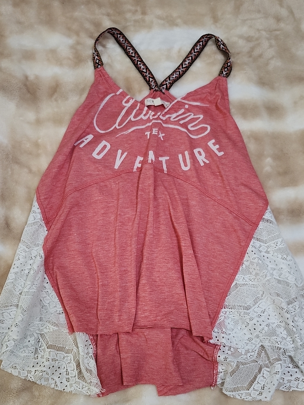 Pink Western Style Flowy Lace Aztec Print Strap Tank Top